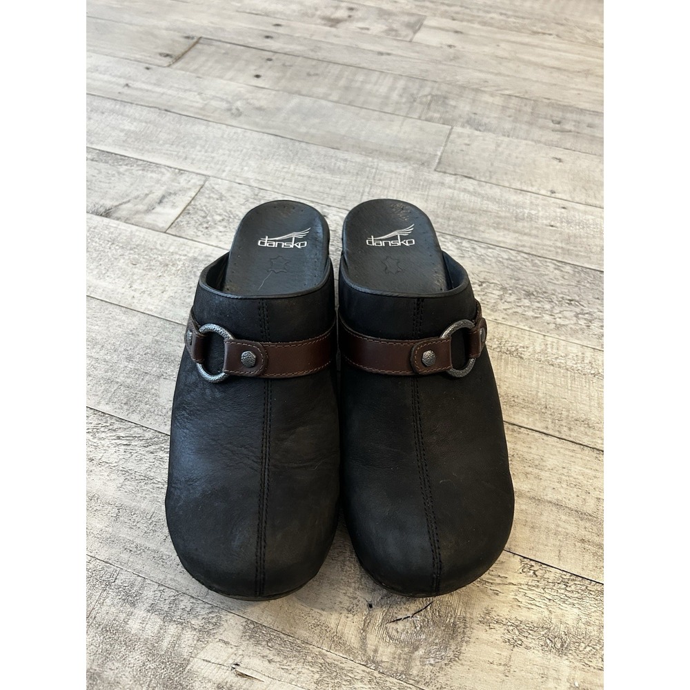 Dansko Women's 41 (10.5-11) Shandi Mules Clogs Black Leather Brown Band